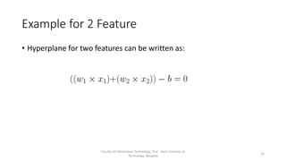 Example for 2 Feature
• Hyperplane for two features can be written as:
Faculty of Information Technology, Thai - Nichi Institute of
Technology, Bangkok
24
 