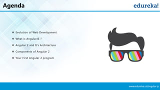 www.edureka.co/angular-js
Agenda
❖ Evolution of Web Development
❖ What is AngularJS ?
❖ Angular 2 and It’s Architecture
❖ Components of Angular 2
❖ Your First Angular 2 program
 