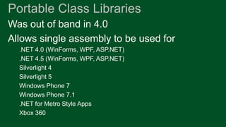 Portable Class Libraries
Was out of band in 4.0
Allows single assembly to be used for
  .NET 4.0 (WinForms, WPF, ASP.NET)
  .NET 4.5 (WinForms, WPF, ASP.NET)
  Silverlight 4
  Silverlight 5
  Windows Phone 7
  Windows Phone 7.1
  .NET for Metro Style Apps
  Xbox 360
 