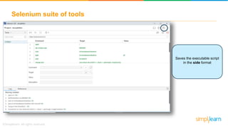 Selenium suite of tools
Selenium
suite
Saves the executable script
in the side format
 