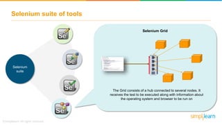 Selenium suite of tools
Selenium
suite
Selenium Grid
The Grid consists of a hub connected to several nodes. It
receives the test to be executed along with information about
the operating system and browser to be run on
 