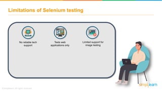 Limitations of Selenium testing
No reliable tech
support
Limited support for
image testing
Tests web
applications only
 