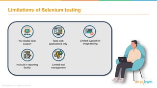 Limitations of Selenium testing
No reliable tech
support
Limited support for
image testing
Tests web
applications only
No built in reporting
facility
Limited test
management
 