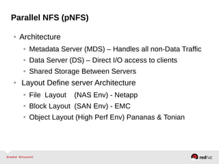 Parallel NFS (pNFS)
● Architecture
● Metadata Server (MDS) – Handles all non-Data Traffic
● Data Server (DS) – Direct I/O access to clients
● Shared Storage Between Servers
● Layout Define server Architecture
● File Layout (NAS Env) - Netapp
● Block Layout (SAN Env) - EMC
● Object Layout (High Perf Env) Pananas & Tonian
 