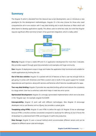 Angular JS with MVC Frameworks | Page 11 
Summary 
The Angular JS which is deviated from the classical Java-script development, uses or introduces a new 
paradigms for the development methodologies. Angular JS is the wise choose for those who need 
comprehensive all-in-one solution with 2-way data binding and in-built directives or filters which will 
allow teams to develop applications rapidly. This allows users to write less code, but note that Angular 
requires significant effort and time to learn. It has good test integration, which is really useful. 
Template 
View 
Model 
Compile 
Continuous updates model in 
single source of truth 
Change to view 
updates model 
Change to Model 
updates View 
Maturity: Angular JS have a stable API and it’s in application development for more than 2 decades. 
Also provides support through good documentation and examples and huge community. 
Size: Angular JS deployment scope is huge and makes the application fully functional and suitable for 
mobile applications by limiting the size. 
Out of the box solution: Angular JS is packed with lot of features so that a user has enough tools to 
get going. It comes with Directives and Filters (custom and in-built). It has good support for module 
dependencies and injections, along with services and factories which become reusable parts for apps. 
Two-way data binding: Angular JS provides two way data binding upfront and reduces the complexity 
to a large extent. User has to write less code which helps it make less error-prone. 
Opinionated Development: Angular JS is strongly opinionated-implementation which are to be done 
in the "Angular way", for example, angular.fromJSON 
Interoperability: Angular JS work well with different technologies. Also Angular JS encourage 
developers not to use libraries such as JQuery, but provides a subset jqLite. 
Templating using HTML: Angular JS uses HTML to define the app's UI. Angular JS has an advantage 
because HTML is intuitive and less convoluted compared to JavaScript for defining UI, but it forces the 
UI developer to understand both HTML and Angular JS well to be productive. 
Data Storage: Angular JS uses a manual method which accommodate different servers and can be 
adapted to different server-side technologies. 
 