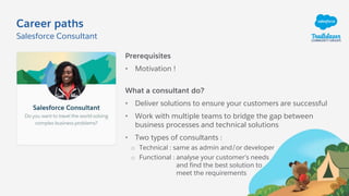 Career paths
Prerequisites
• Motivation !
Salesforce Consultant
What a consultant do?
• Deliver solutions to ensure your customers are successful
• Work with multiple teams to bridge the gap between
business processes and technical solutions
• Two types of consultants :
o Technical : same as admin and/or developer
o Functional : analyse your customer’s needs
and find the best solution to
meet the requirements
 