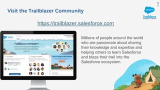 Visit the Trailblazer Community
2
7
https://trailblazer.salesforce.com
Millions of people around the world
who are passionate about sharing
their knowledge and expertise and
helping others to learn Salesforce
and blaze their trail into the
Salesforce ecosystem.
 
