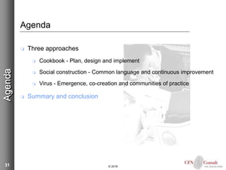 31
Agenda
 Three approaches
 Cookbook - Plan, design and implement
 Social construction - Common language and continuous improvement
 Virus - Emergence, co-creation and communities of practice
 Summary and conclusion
Agenda
© 2018
 