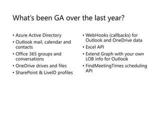 What’s been GA over the last year?
• Azure Active Directory
• Outlook mail, calendar and
contacts
• Office 365 groups and
conversations
• OneDrive drives and files
• SharePoint & LiveID profiles
• WebHooks (callbacks) for
Outlook and OneDrive data
• Excel API
• Extend Graph with your own
LOB info for Outlook
• FindMeetingTimes scheduling
API
 