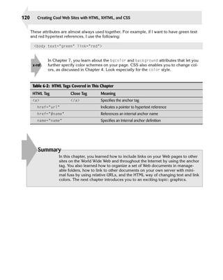 120       Creating Cool Web Sites with HTML, XHTML, and CSS


      These attributes are almost always used together. For example, if I want to have green text
      and red hypertext references, I use the following:

        <body text=”green” link=”red”>


               In Chapter 7, you learn about the bgcolor and background attributes that let you
       x-ref   further specify color schemes on your page. CSS also enables you to change col­
               ors, as discussed in Chapter 4. Look especially for the color style.



       Table 6-2: HTML Tags Covered in This Chapter
       HTML Tag            Close Tag        Meaning
       <a>                 </a>             Specifies the anchor tag
         href=”url”                         Indicates a pointer to hypertext reference
         href=”#name”                       References an internal anchor name
         name=”name”                        Specifies an Internal anchor definition




          Summary
                     In this chapter, you learned how to include links on your Web pages to other
                     sites on the World Wide Web and throughout the Internet by using the anchor
                     tag. You also learned how to organize a set of Web documents in manage­
                     able folders, how to link to other documents on your own server with mini­
                     mal fuss by using relative URLs, and the HTML way of changing text and link
                     colors. The next chapter introduces you to an exciting topic: graphics.
 