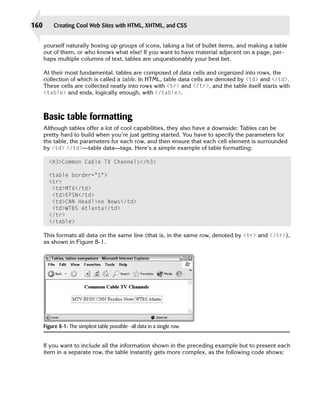 160       Creating Cool Web Sites with HTML, XHTML, and CSS


      yourself naturally boxing up groups of icons, taking a list of bullet items, and making a table
      out of them, or who knows what else! If you want to have material adjacent on a page, per­
      haps multiple columns of text, tables are unquestionably your best bet.

      At their most fundamental, tables are composed of data cells and organized into rows, the
      collection of which is called a table. In HTML, table data cells are denoted by <td> and </td>.
      These cells are collected neatly into rows with <tr> and </tr>, and the table itself starts with
      <table> and ends, logically enough, with </table>.



      Basic table formatting
      Although tables offer a lot of cool capabilities, they also have a downside: Tables can be
      pretty hard to build when you’re just getting started. You have to specify the parameters for
      the table, the parameters for each row, and then ensure that each cell element is surrounded
      by <td> </td>—table data—tags. Here’s a simple example of table formatting:

        <h3>Common Cable TV Channels</h3>

        <table border=”1”>
        <tr>
         <td>MTV</td>
         <td>EPSN</td>
         <td>CNN Headline News</td>
         <td>WTBS Atlanta</td>

        </tr>

        </table>

      This formats all data on the same line (that is, in the same row, denoted by <tr> and </tr>),
      as shown in Figure 8-1.




      Figure 8-1: The simplest table possible—all data in a single row.


      If you want to include all the information shown in the preceding example but to present each
      item in a separate row, the table instantly gets more complex, as the following code shows:
 