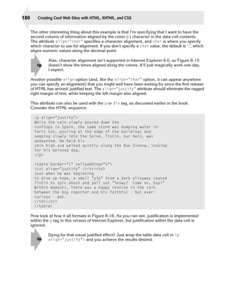 180       Creating Cool Web Sites with HTML, XHTML, and CSS


      The other interesting thing about this example is that I’m specifying that I want to have the
      second column of information aligned by the colon (:) character in the data cell contents.
      The attribute align=”char” specifies a character alignment, and char is where you specify
      which character to use for alignment. If you don’t specify a char value, the default is ‘.’, which
      aligns numeric values along the decimal point.

                Alas, character alignment isn’t supported in Internet Explorer 6.0, so Figure 8-15
         tip    doesn’t show the times aligned along the colons. It’ll just magically work one day,
                I expect.

      Another possible align option (and, like the align=”char” option, it can appear anywhere
      you can specify an alignment) that you might well have been waiting for since the first release
      of HTML has arrived: justified text. The align=”justify” attribute should eliminate the ragged
      right margin of text, while keeping the left margin also aligned.

      This attribute can also be used with the p or div tag, as discussed earlier in the book.
      Consider this HTML sequence:

        <p align=”justify”>

        While the rain slowly poured down the

        rooftops in Spain, the same storm was dumping water in

        Paris too, pooling at the edge of the buildings and

        seeping slowly into the Seine. Tintin, our hero, was

        undaunted. He held his

        chin high and walked quietly along the Rue Sienna, looking

        for his beloved dog.

        </p>


        <table border=”1” cellpadding=”5”>

        <col align=”justify” /><tr><td>

        Just when he was beginning

        to give up hope, a small “yip” from a dark alleyway caused

        Tintin to spin about and yell out “Snowy? Come on, boy!”

        Within moments, there was a happy reunion in the rain

        between the boy reporter and his faithful - but ever-

        curious - pet.

        </td></tr>

        </table>


      Now look at how it all formats in Figure 8-16. As you can see, justification is implemented
      within the p tag in this version of Internet Explorer, but justification within the data cell is
      ignored.

                Dying for that visual justified effect? Just wrap the table data cell in <p

         tip    align=”justify”> and you achieve the results desired.

 