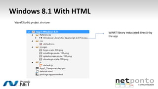 Windows 8.1 With HTML
Visual Studio project struture
WINRT library instaciated directly by
the app

 
