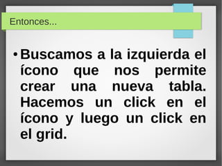 Entonces...
● Buscamos a la izquierda el
ícono que nos permite
crear una nueva tabla.
Hacemos un click en el
ícono y luego un click en
el grid.
 