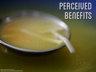 Perceived
                                                        Benefits


Mighty Elixir By Robert S. Donovan
http://www.ﬂickr.com/photos/booleansplit/2220774911/
 