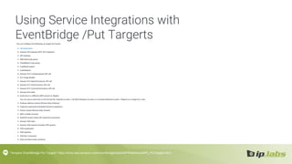 Using Service Integrations with
EventBridge /Put Targerts
“Amazon EventBridge Put Targets” https://docs.aws.amazon.com/eventbridge/latest/APIReference/API_PutTargets.html
 