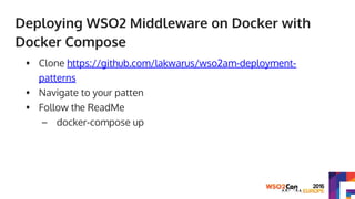 Deploying WSO2 Middleware on Docker with
Docker Compose
• Clone https://github.com/lakwarus/wso2am-deployment-
patterns
• Navigate to your patten
• Follow the ReadMe
– docker-compose up
 