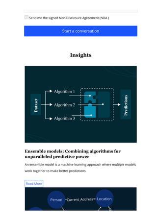 Send me the signed Non-Disclosure Agreement (NDA )
Start a conversation
Insights
Ensemble models: Combining algorithms for
unparalleled predictive power
An ensemble model is a machine-learning approach where multiple models
work together to make better predictions.
Algorithm 1
Algorithm 2
Algorithm 3
Predictions
Dataset
Read More
 