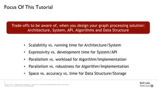 7
ALCATEL-LUCENT — PROPRIETARY AND CONFIDENTIAL — RESTRICTED — SOLELY FOR AUTHORIZED PERSONS HAVING A NEED TO KNOW.
COPYRIGHT © 2015 ALCATEL-LUCENT. ALL RIGHTS RESERVED.
Focus Of This Tutorial	

Trade-offs to be aware of, when you design your graph processing solution:
Architecture, System, API, Algorithms and Data Structure
•  Scalability vs. running time for Architecture/System
•  Expressivity vs. development time for System/API
•  Parallelism vs. workload for Algorithm/Implementation
•  Parallelism vs. robustness for Algorithm/Implementation
•  Space vs. accuracy vs. time for Data Structure/Storage
 