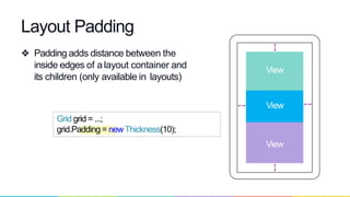 ❖ Padding adds distance between the
inside edges of a layout container and
its children (only available in layouts)
Layout Padding
View
View
View
Grid grid = ...;
grid.Padding = newThickness(10);
 