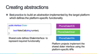 ❖ Bestpractice to build an abstraction implemented by the target platform
which defines the platform-specific functionality
Creating abstractions
PhoneDialerIOS
PhoneDialerDroid
PhoneDialerWin
Platform projects implement the
shared dialer interface using the
platform-specific APIs
Shared code defines IDialerinterface to
represent required functionality
publicinterfaceIDialer
{
bool MakeCall(string number);
}
 