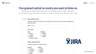 g@stamplay.com
Fine grained control on events you want to listen on
Webhooks are fundamental pieces of an API today and a simple notiﬁcation
is no longer enough, as an API provider you need to do the heavy lifting for your users
 