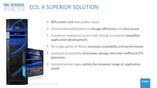 © Copyright 2015 EMC Corporation. All rights reserved
• 65% Lower cost than public cloud
• Unmatched combination of storage efficiency and data access
• Anywhere read/write access with strong consistency simplifies
application development
• No single points of failure increases availability and performance
• Universal accessibility eliminates storage silos and inefficient ETL
processes
• Comprehensive types satisfy the broadest range of application
needs
ECS: A SUPERIOR SOLUTION
 