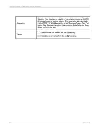 Specifies if the database is capable of correctly processing an ORDER
BY clause based on a string column. This parameter corresponds to
the ORDERBYSTRINGS capability of SAP BusinessObjects Data Fed-
erator. If the database cannot do the processing, Data Federator Query
Server performs the sort.
Description
YES: the database can perform the sort processing.
NO: the database cannot perform the sort processing.
Values
2011-04-14144
Creating a universe and setting the universe parameters
 