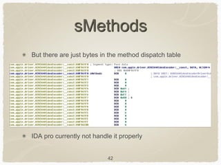 42
sMethods
But there are just bytes in the method dispatch table
IDA pro currently not handle it properly
 