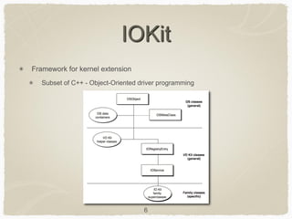 6
IOKit
Framework for kernel extension
Subset of C++ - Object-Oriented driver programming
 