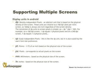Supporting Multiple Screens
Display units in android
• dp: Density-independent Pixels - an abstract unit that is based on the physical
   density of the screen. These units are relative to a 160 dpi (dots per inch)
   screen, so 160dp is always one inch regardless of the screen density
   The conversion of dp units to screen pixels is simple: px = dp * (dpi / 160). For
   example, on a 160 dpi screen, 1 dp equals 1 physical pixels and on a 240 dpi
   screen, 1 dp equals 1.5 physical pixels…

• sp: Scale-independent Pixels - this is like the dp unit, but it is also scaled by the
   user's font size preference.

• pt: Points - 1/72 of an inch based on the physical size of the screen

• px: Pixels - corresponds to actual pixels on the screen

• mm: Millimeters - based on the physical size of the screen.

• in: Inches - based on the physical size of the screen.

                                                                      Source: http://developer.android.com
 