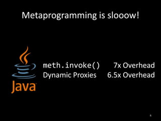 Metaprogramming is slooow!
6
meth.invoke() 0.7x Overhead
Dynamic Proxies 6.5x Overhead
 