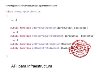 Manel López / @mloptor #DrupalcampSpain2015
/src/Application/Service/ShoppingCartService.php
class ShoppingCartService
{
{...}
public function addProductToBasket($productId, $baskedId)
{...}
public function removeProductFromBasket($productId, $basketId)
{...}
public function getProductsFromBasket($basketId) {...}
public function getBasketTotalAmount($basketId) {...}
}
API para Infraestructura
 