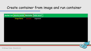 docker run ubuntu:xenial /bin/echo “hello word”
Image Name execute argument
Create container from image and run container
Mr.Weerayut Hongsa - @kusumoto_ton
 