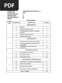 Course Title: Engineering Mathematics - I Course Code: 1002 Course Category: F Periods/Week: 6 Periods/Semester: 90 Credits: 6 Time Schedule