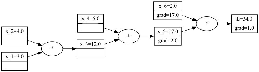 A visualization of the computational graph and the gradients so far.