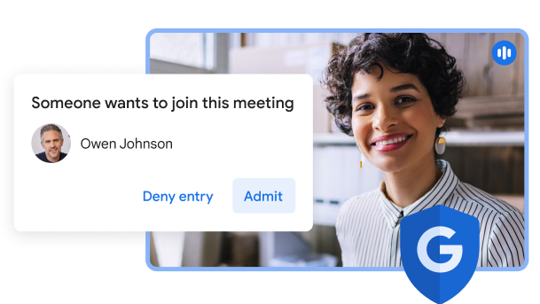 Giao diện người dùng của Google Meet cho thấy một ô cửa sổ bật lên chứa nội dung "Ai đó muốn tham gia cuộc họp này" cùng lựa chọn "từ chối" hoặc "cho phép".