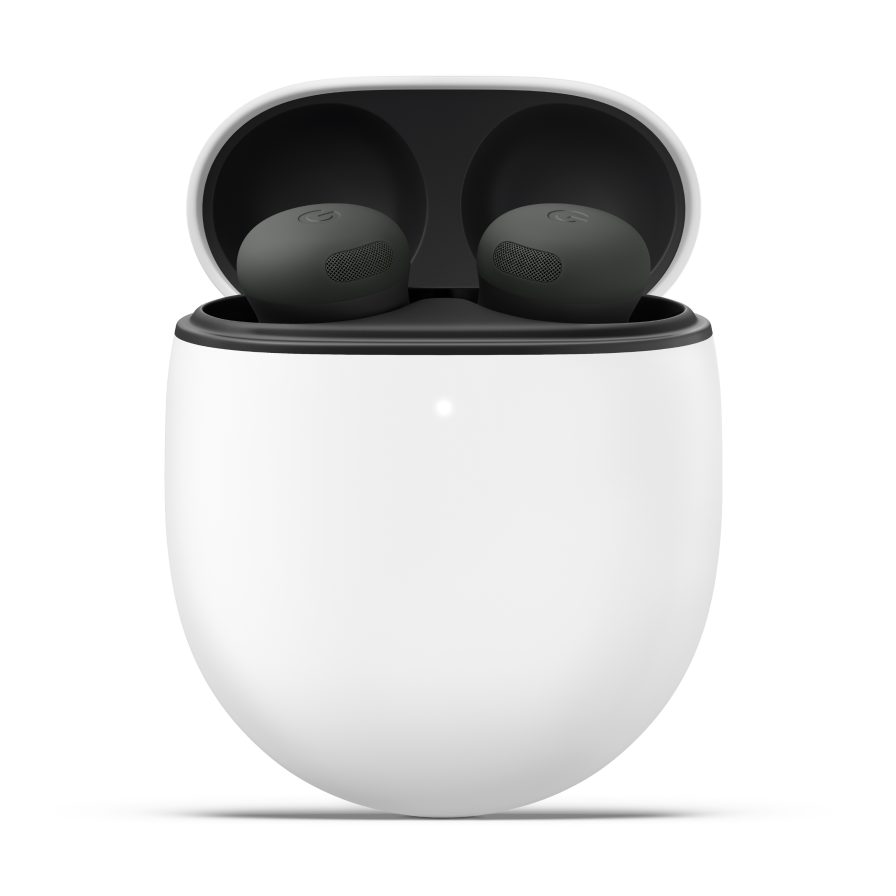 A pair of Pixel Buds Pro 2 in the color Hazel, resting in an open charging case