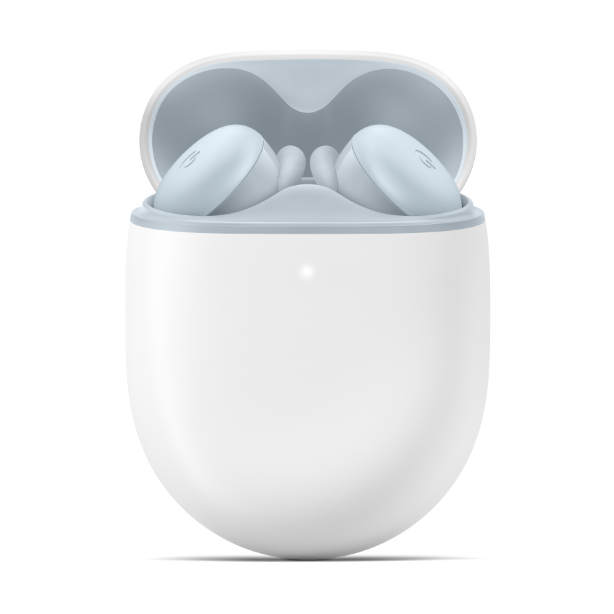 A pair of Pixel Buds A-Series in the color sea, resting in an open charging case