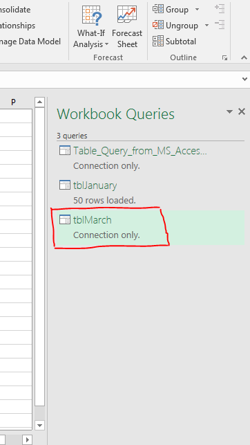 workbook queries pane, a connection is established.