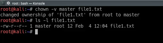 chown -v master file1.txt