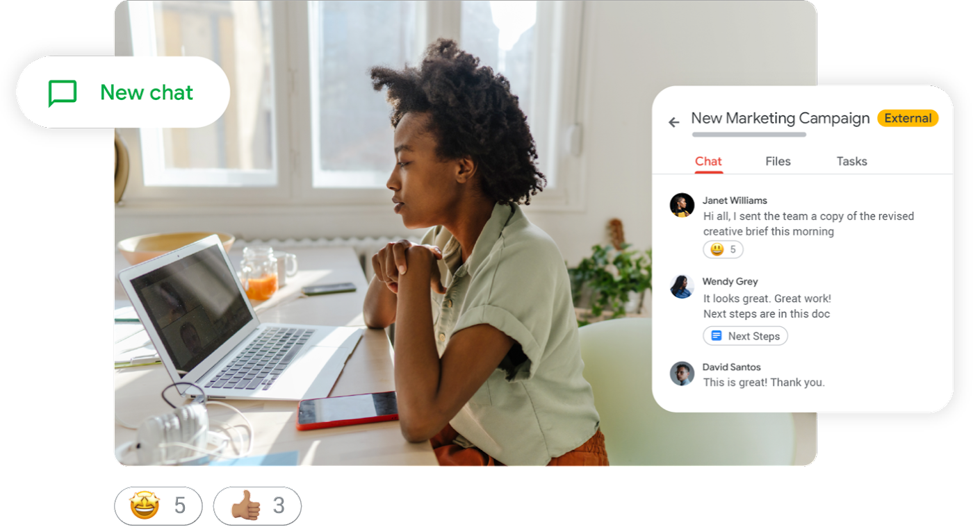 Lifestyle image with marketing campaign kick-off on Google Chat and emoji reactions