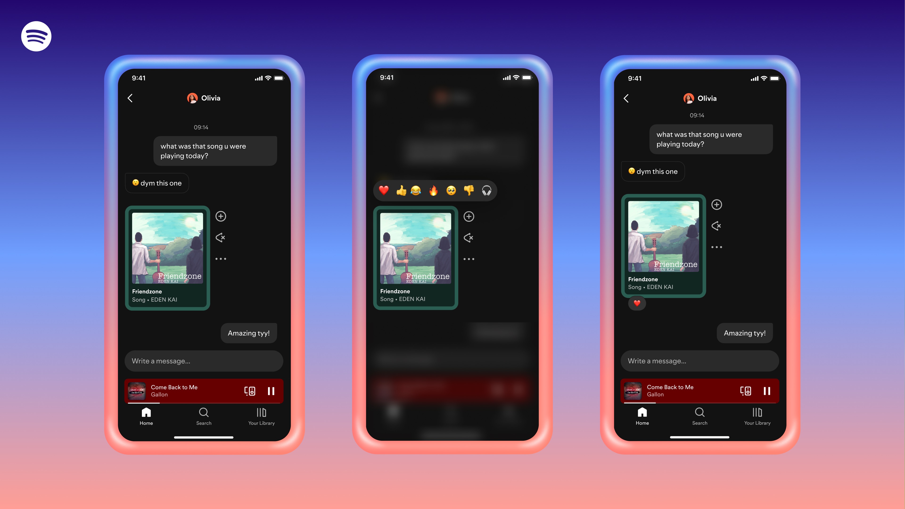 a series of screenshots showing the process of reacting to messages on Spotify using emoji