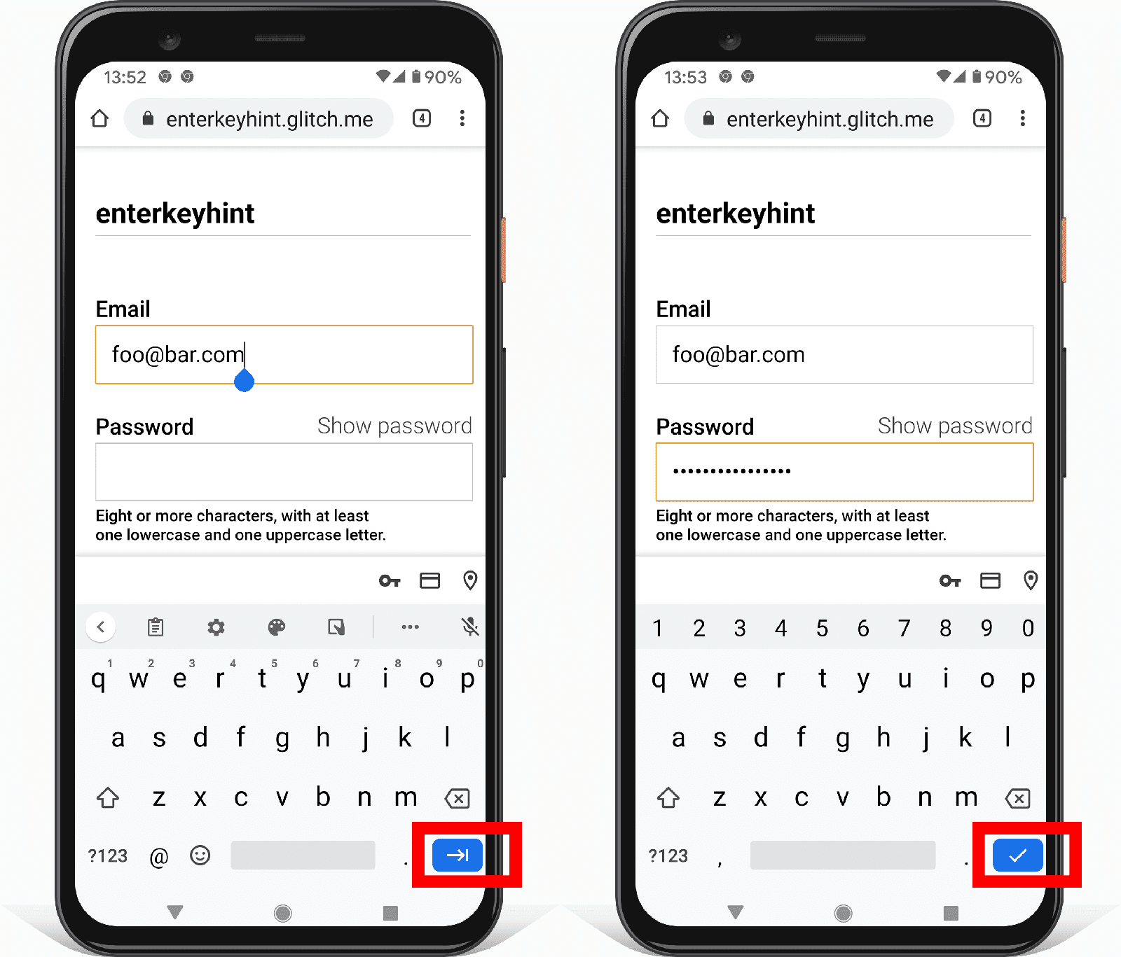Android 版地址表單的兩張螢幕截圖,顯示 enterkeyhint 輸入屬性如何變更 enter 鍵按鈕圖示。