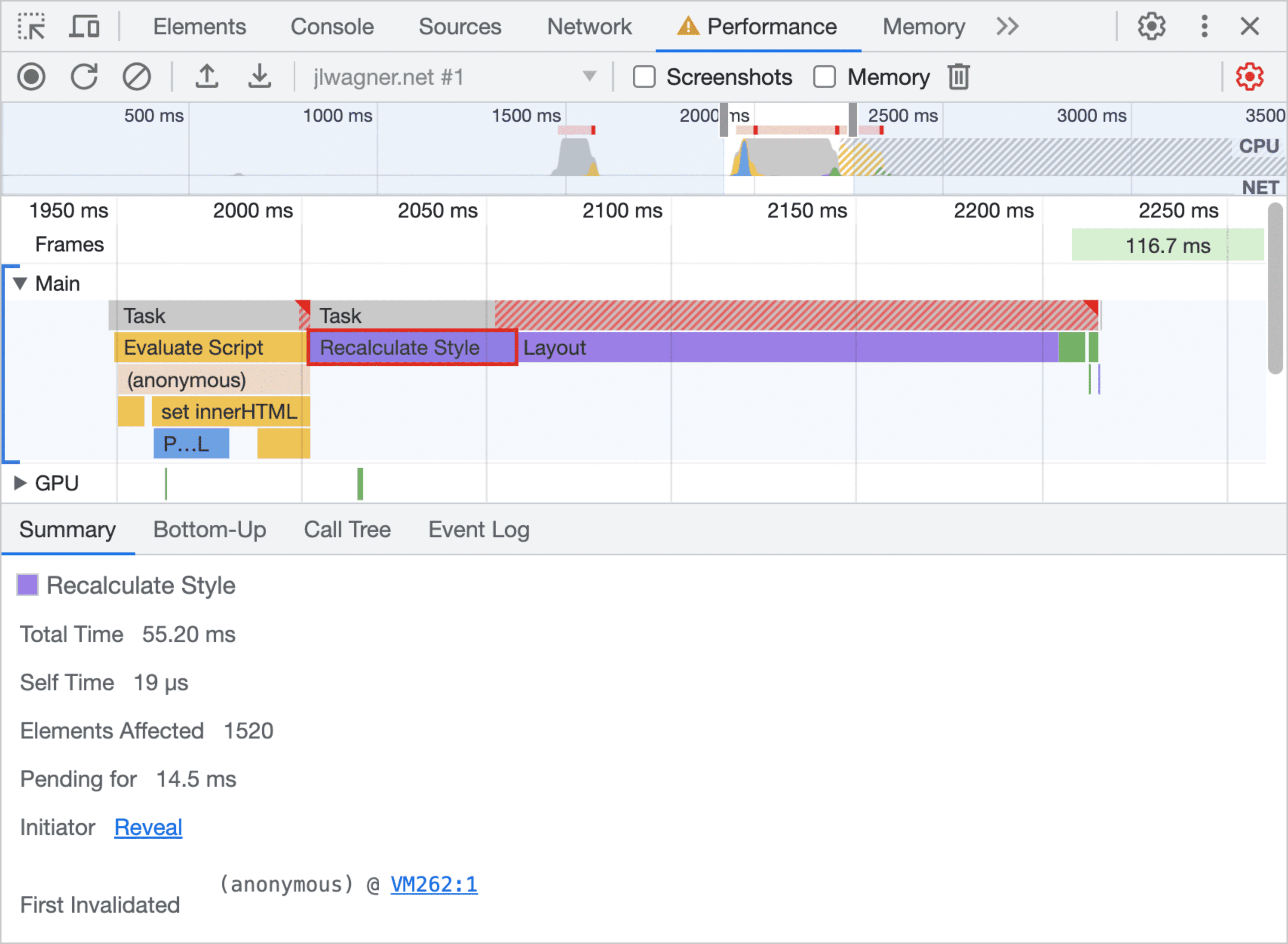 DevTools, स्टाइल की गणना दिखा रहा है.