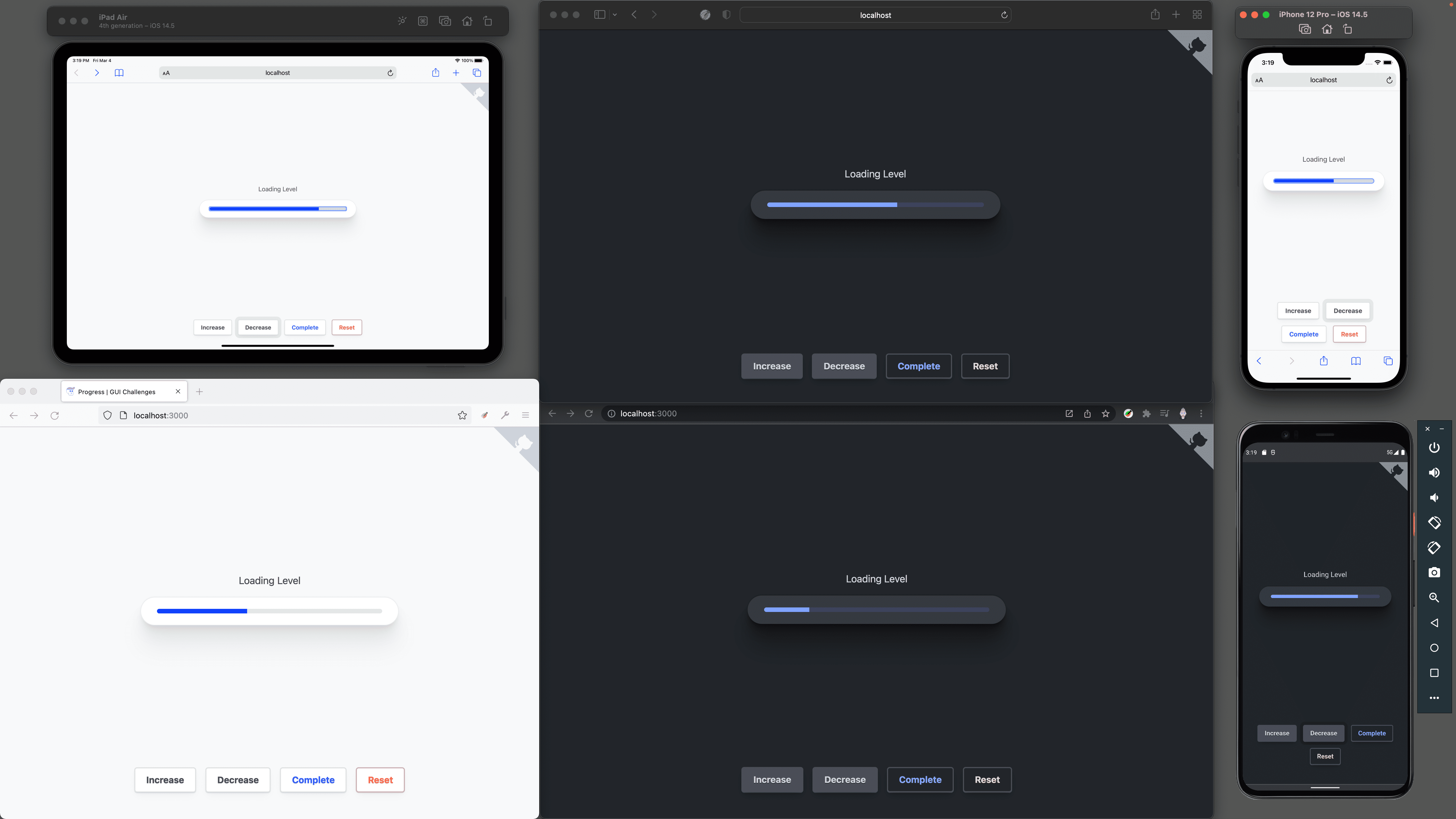 デバッグコーナーのスクリーンショット。Safari、iOS Safari、Firefox、Chrome、Android 版 Chrome のすべてで、読み込みバーが動作していることが示されています。