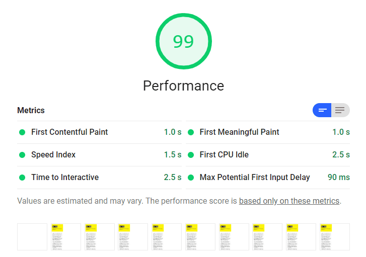 Lighthouse 稽核顯示 FCP 為 1 秒，效能分數為 99。