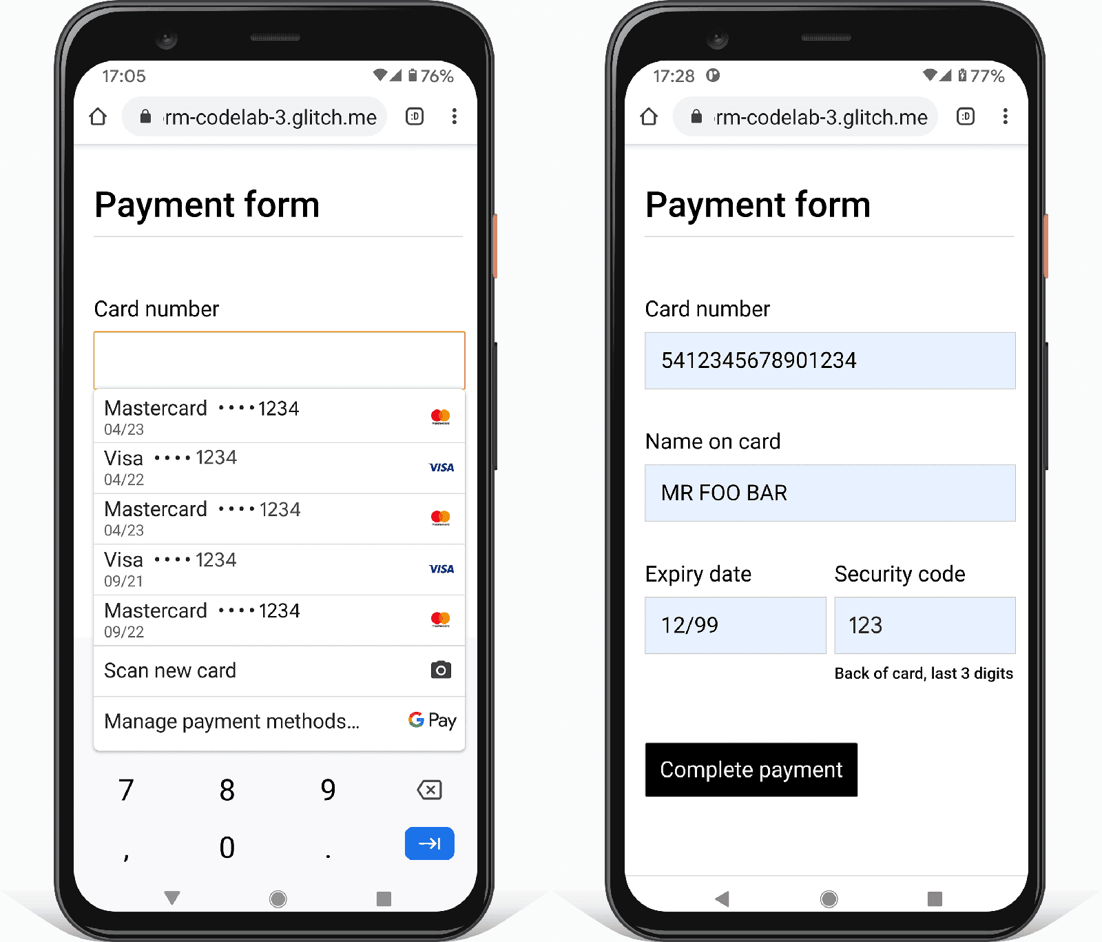 Due screenshot di un modulo di pagamento in Chrome su uno smartphone Android. Uno mostra il selettore della carta di pagamento del browser integrato; l'altro mostra i valori segnaposto compilati automaticamente.