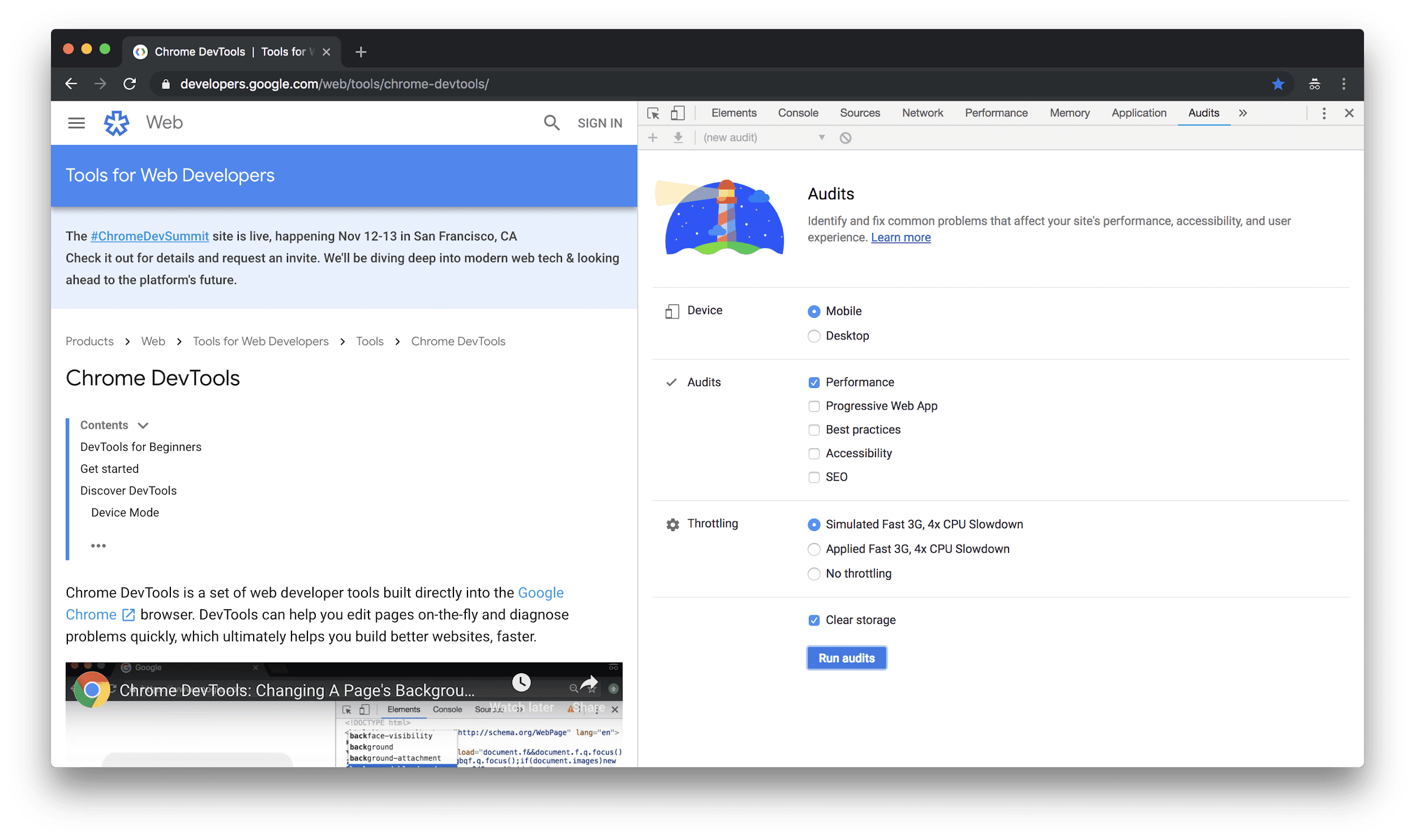 DevTools aberto no painel de auditorias do Lighthouse.