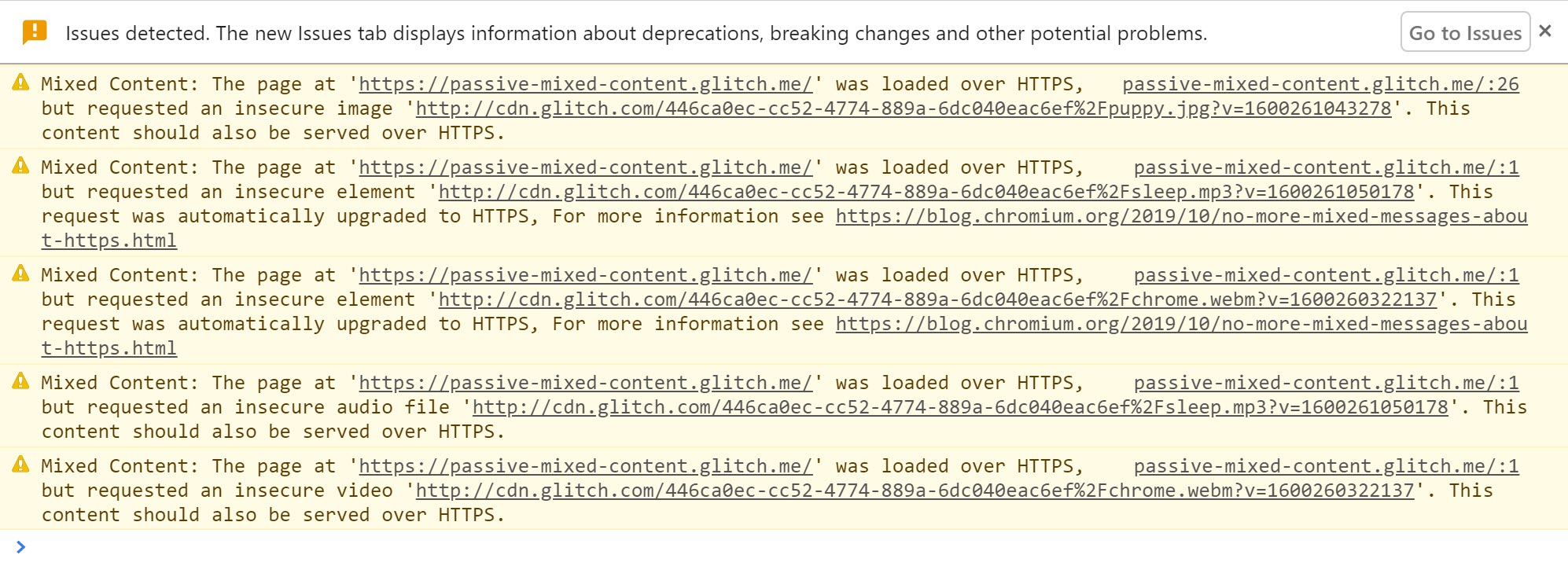 Outils pour les développeurs Chrome affichant les avertissements affichés lorsqu&#39;un contenu mixte est détecté et mis à niveau